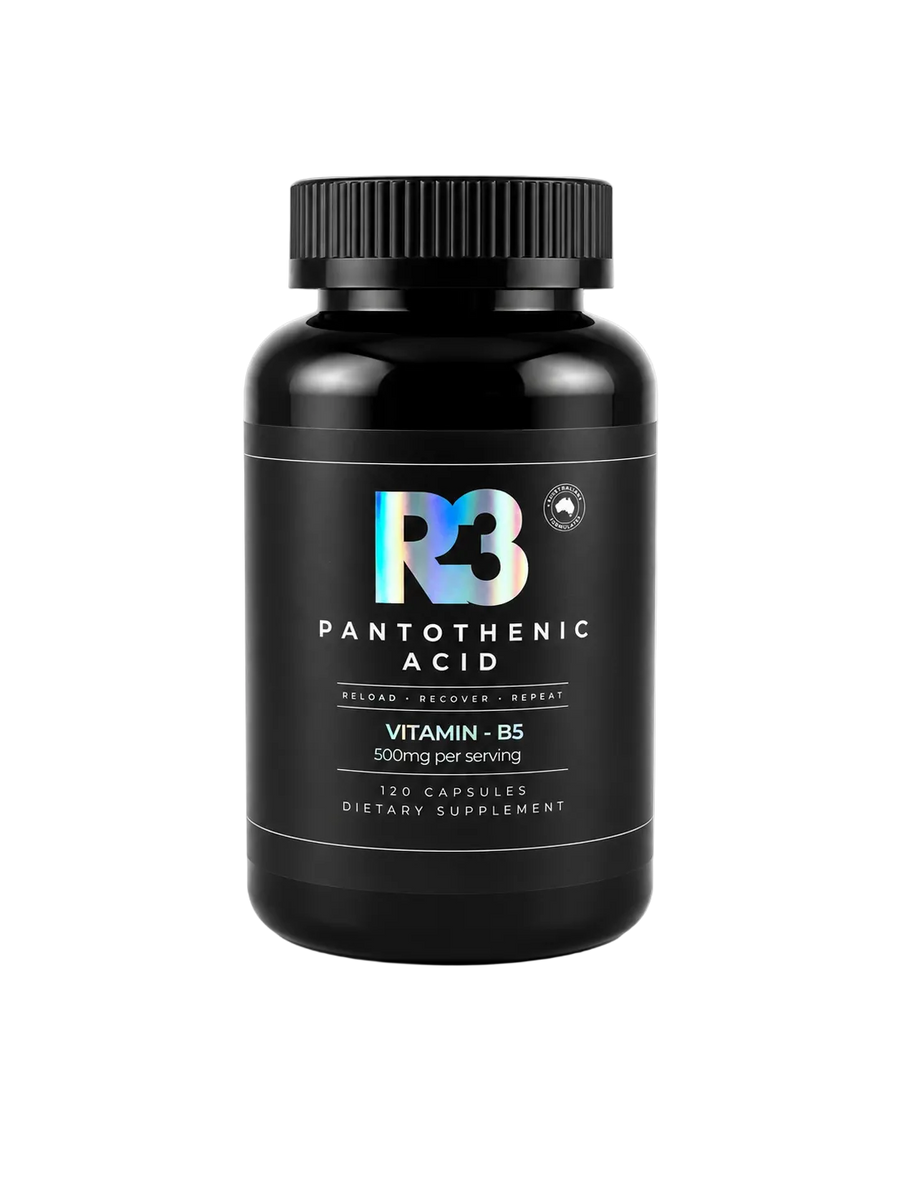 Black supplement bottle labeled 'R3' on a white background