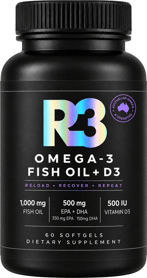 R3 Omega-3 Fish Oil + D3 bottle, 60 softgels
