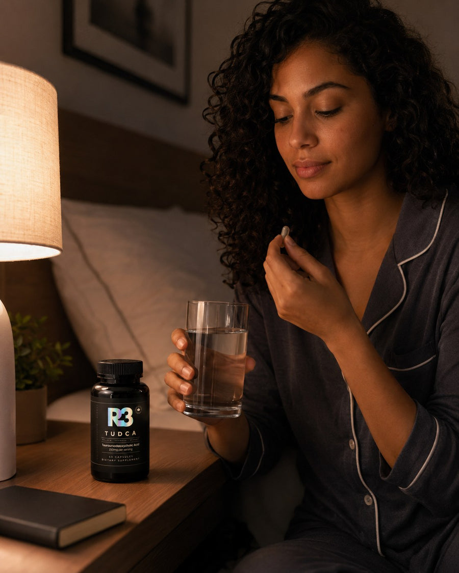 R3 supplement bottle in a focused wellness routine