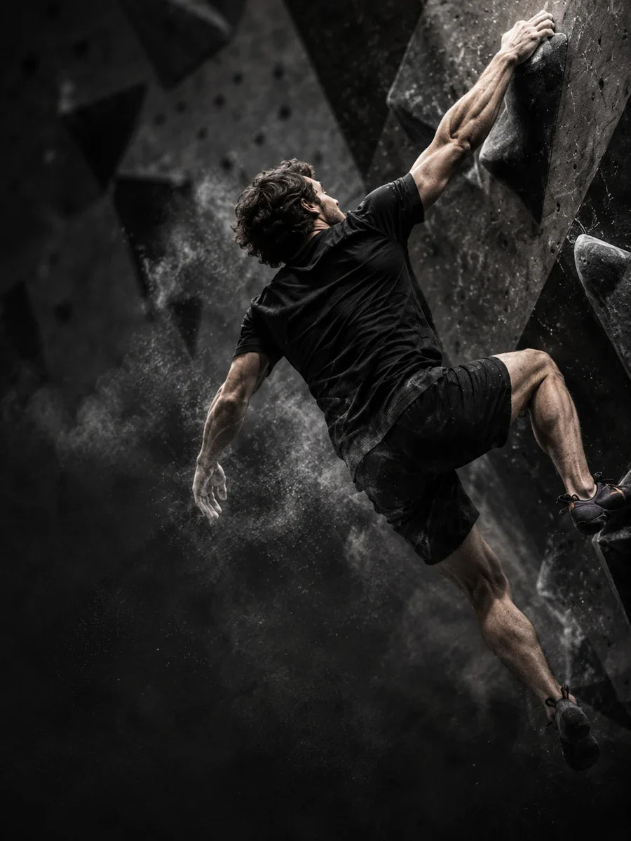 Male climber reaching for a hold on an indoor climbing wall