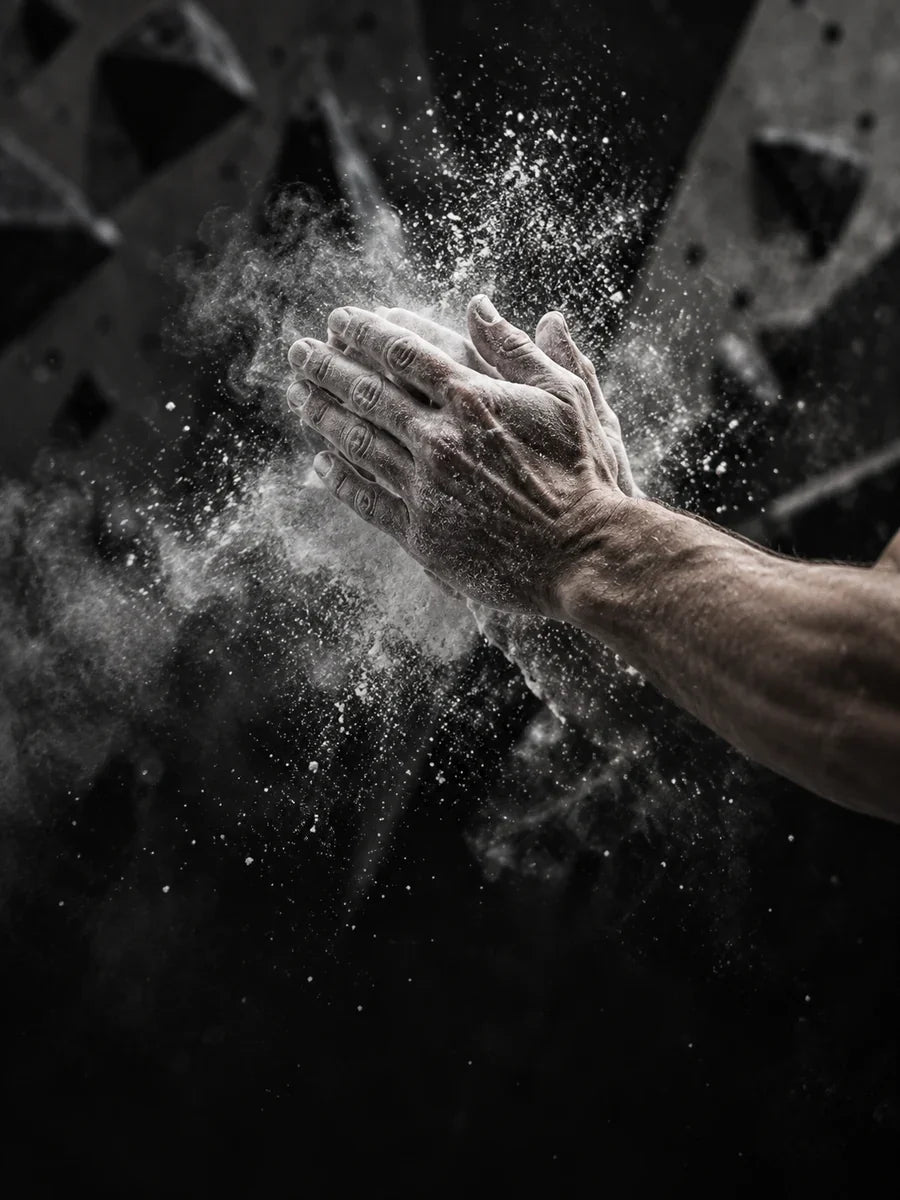 Climber's chalked hands clapping with chalk dust in the air