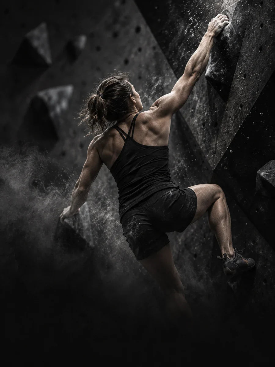 Female climber reaching upward on a dark indoor climbing wall