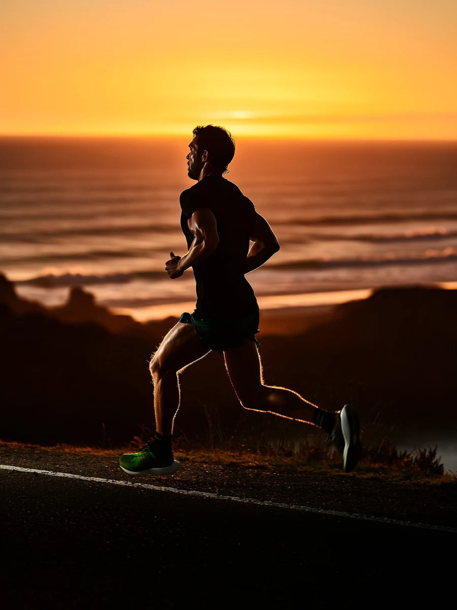 Runner on a coastal road at golden hour