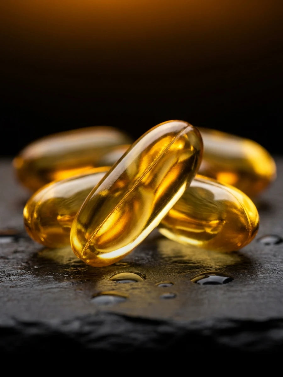 Golden oval omega-3 fish oil softgels on dark wet slate