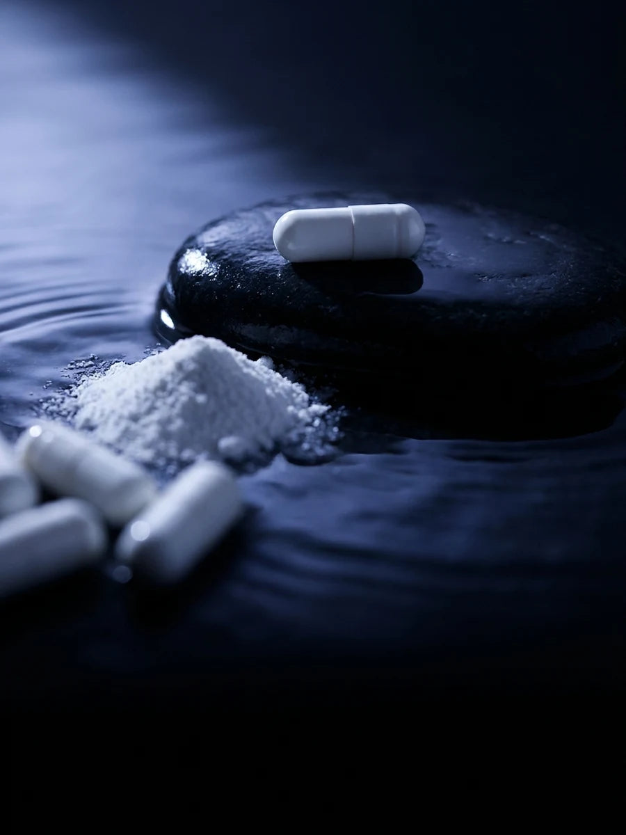 White capsules and mineral powder on dark stone