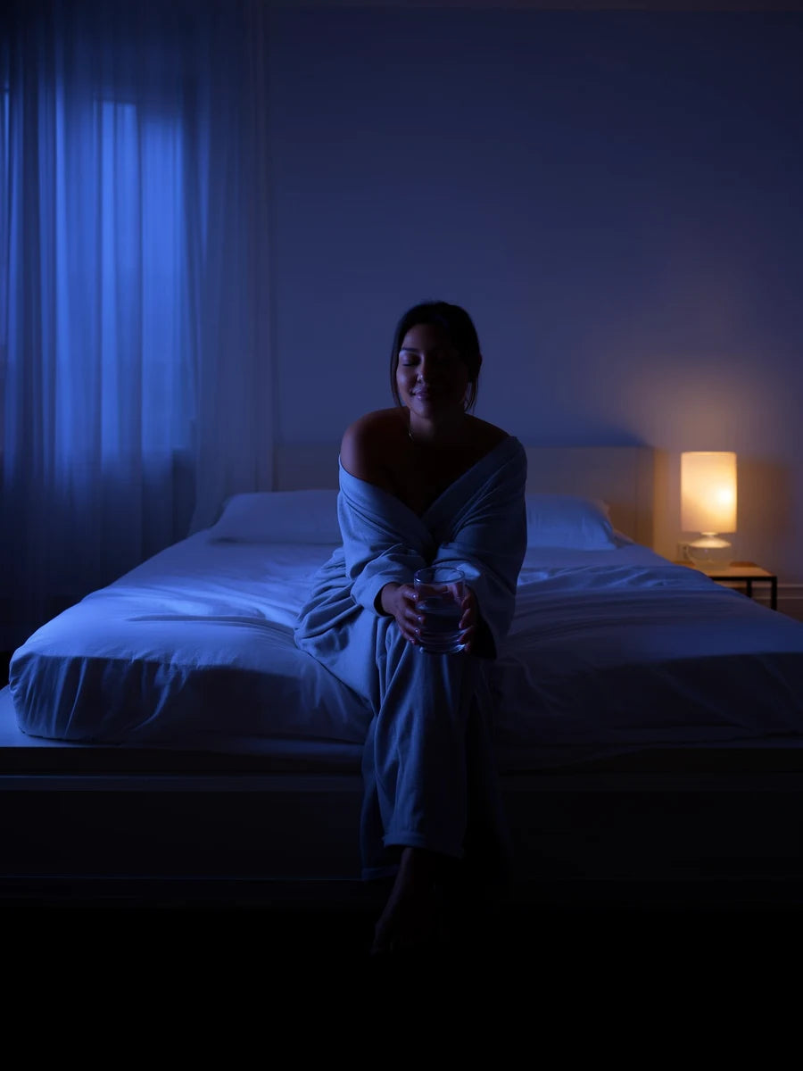 Woman with a glass of water on her bed at night