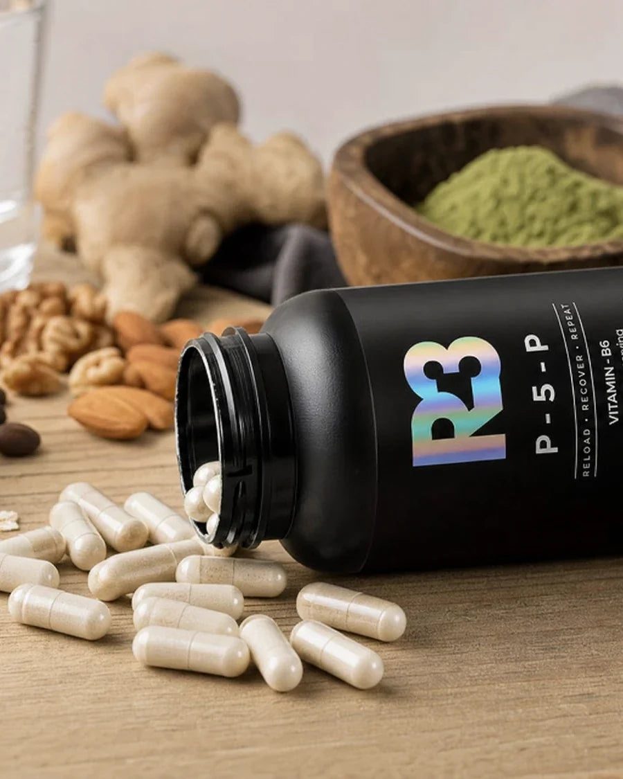 P-5-P bottle with capsules and nutrient-rich foods
