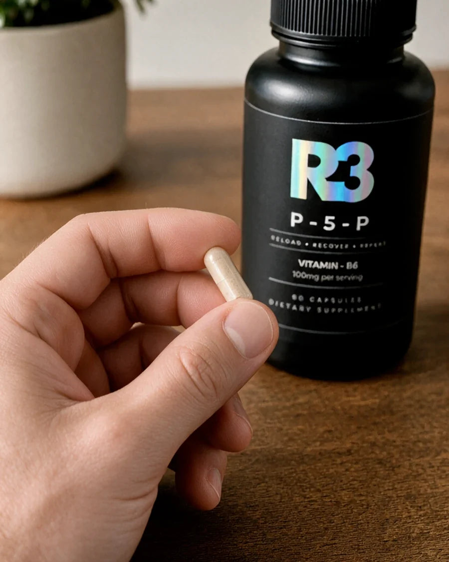 Hand holding a capsule beside an R3 P-5-P bottle