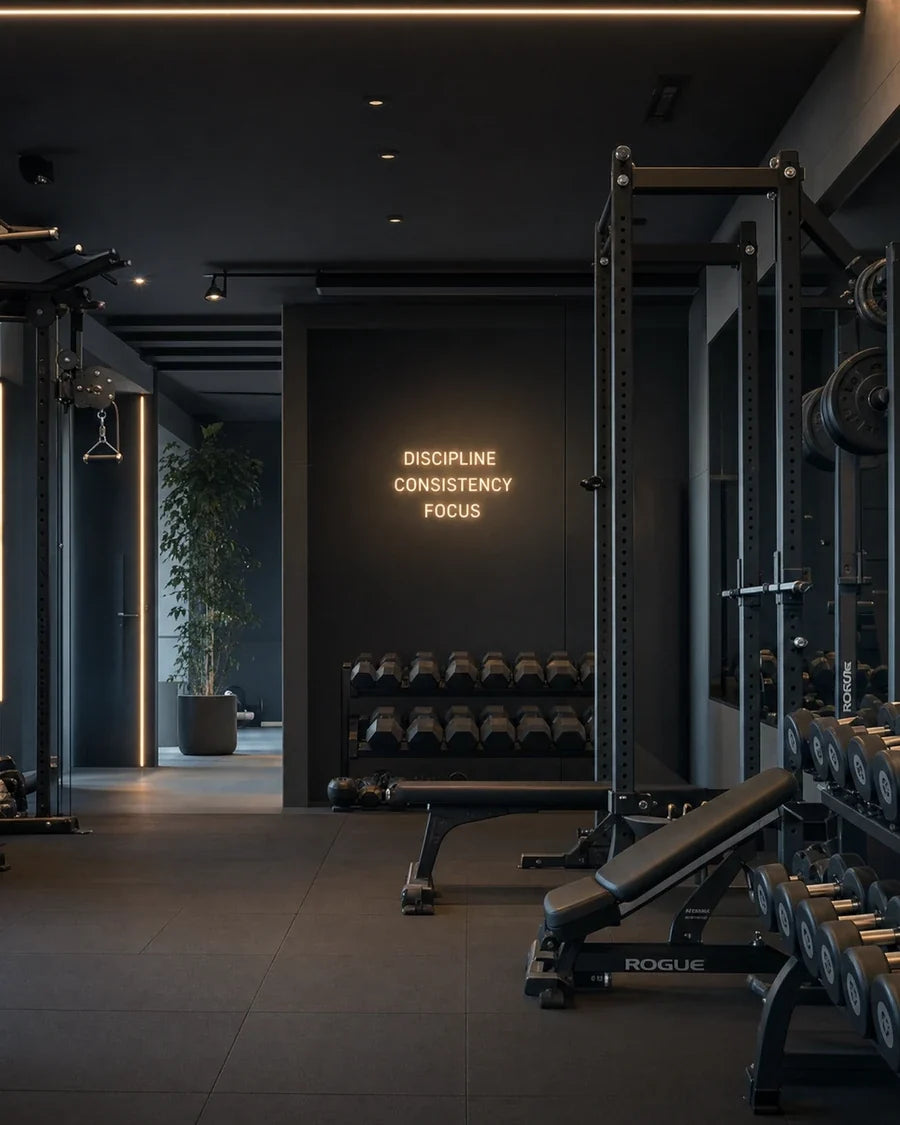 Premium performance gym interior with strength-training equipment