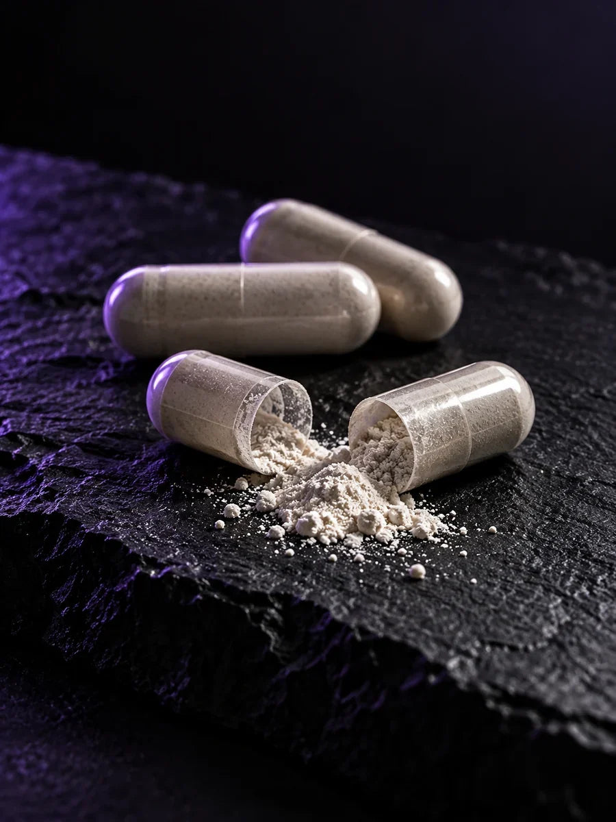 Close-up of Pantothenic Acid capsules with powder on a dark rock surface