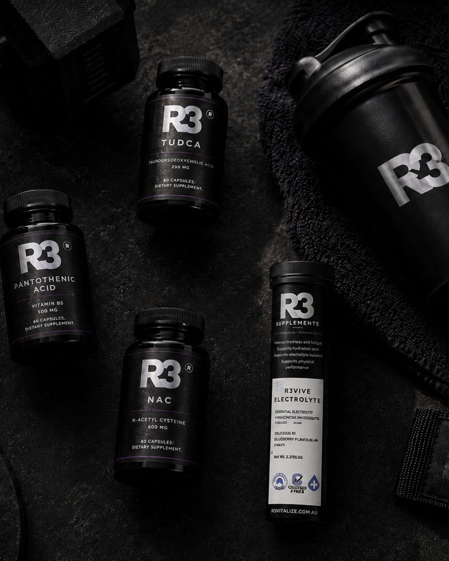 R3 supplement gym flatlay with shaker, bottles, towel, and training accessories