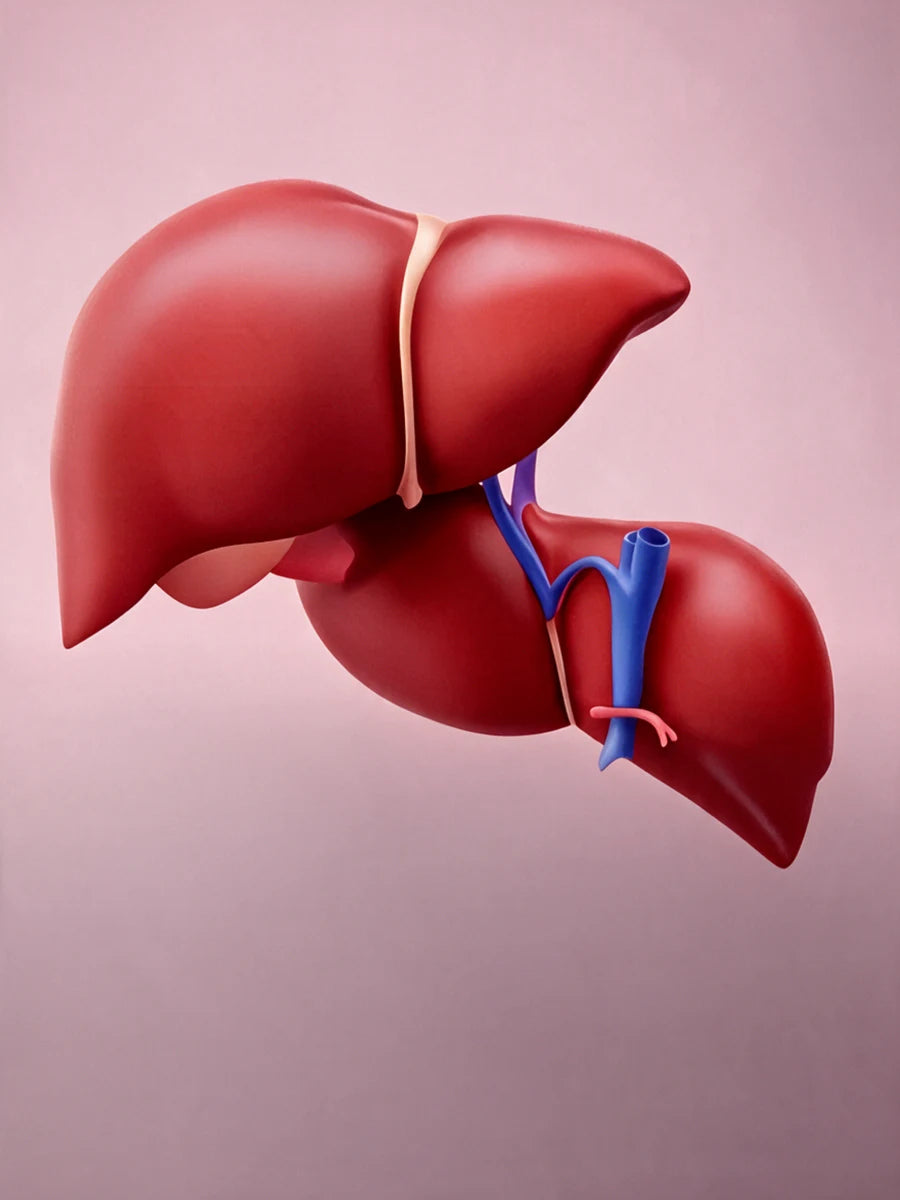 Illustrated human liver with blood vessels on a soft pink background