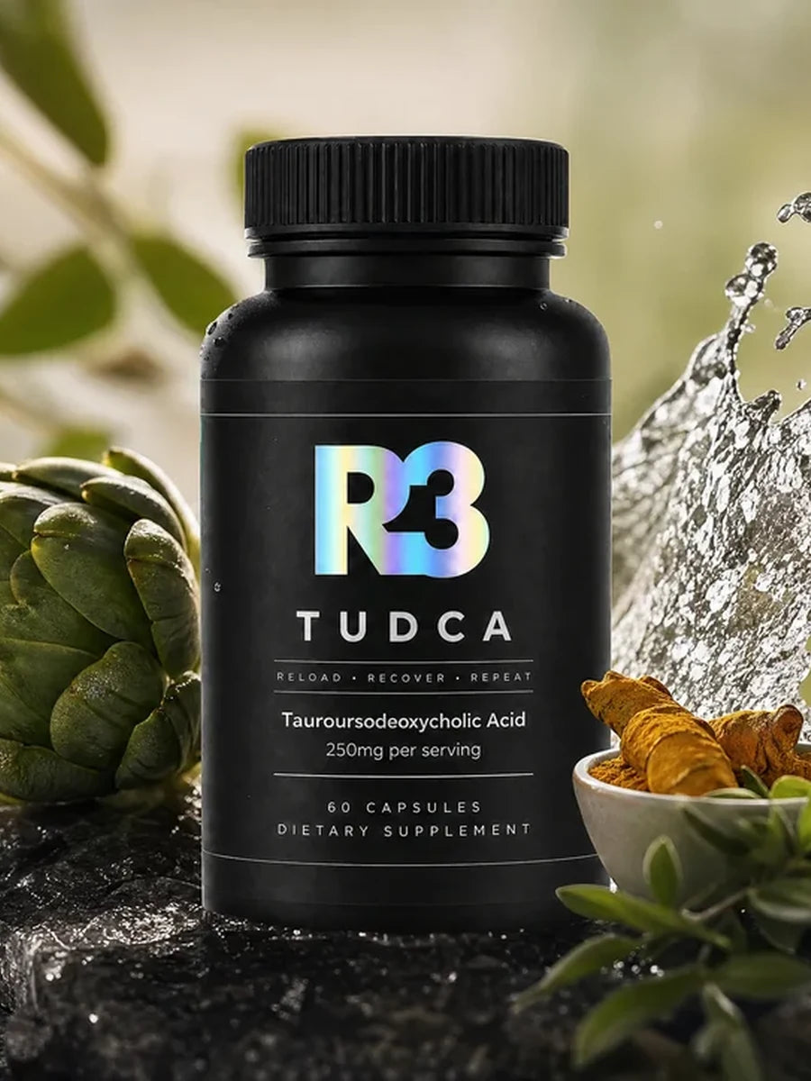 R3 TUDCA bottle on wet stone with artichoke, turmeric and a water splash
